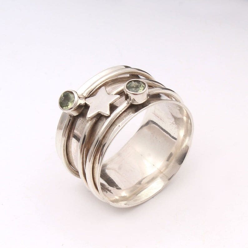 Spinner Star Peridot Gemstone 925 Sterling Silver Ring,august Birthstone - by Inishacreation