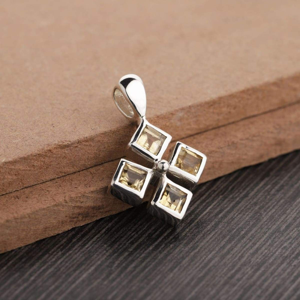 Square Sterling Silver and Yellow Citrine Pendant | Natural Locket pendant Golden Gemstone