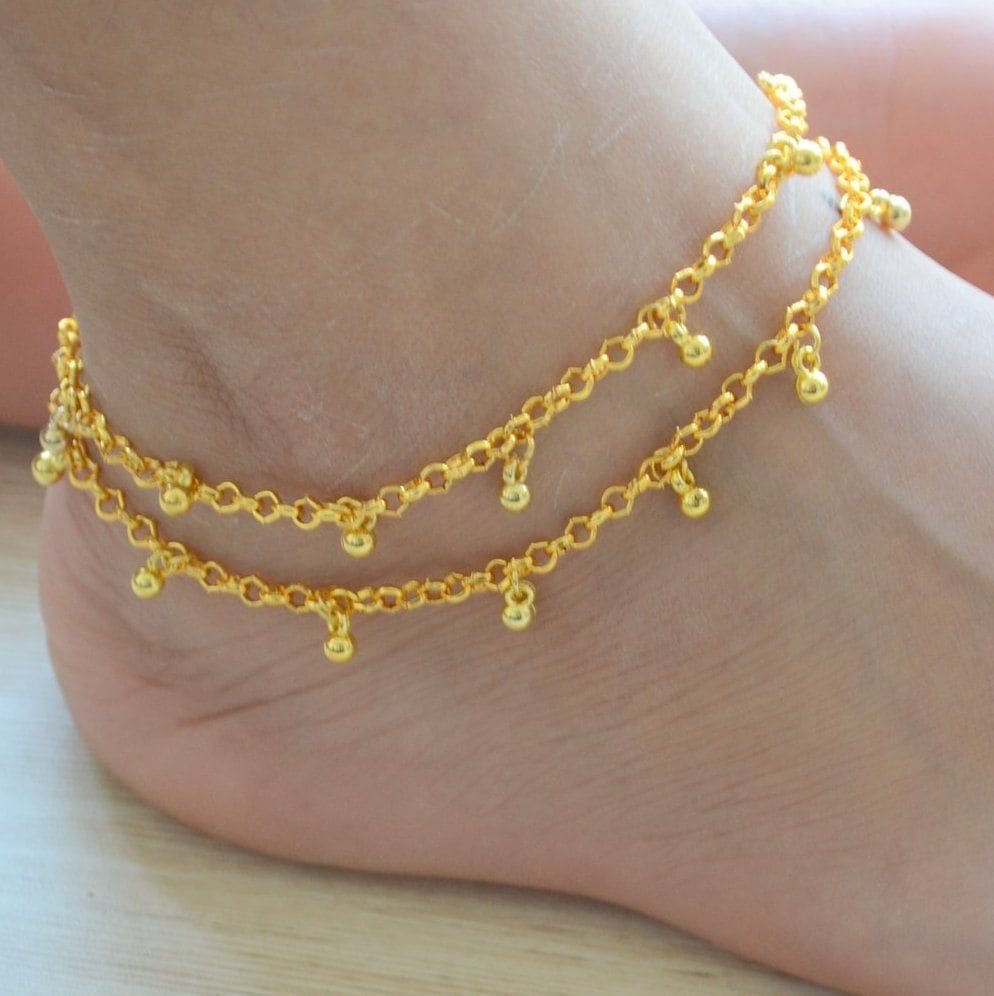 anklets Statement Anket Gold plated layered anklet Beaded Indian wedding payal gift for her - by Pretty Ponytails