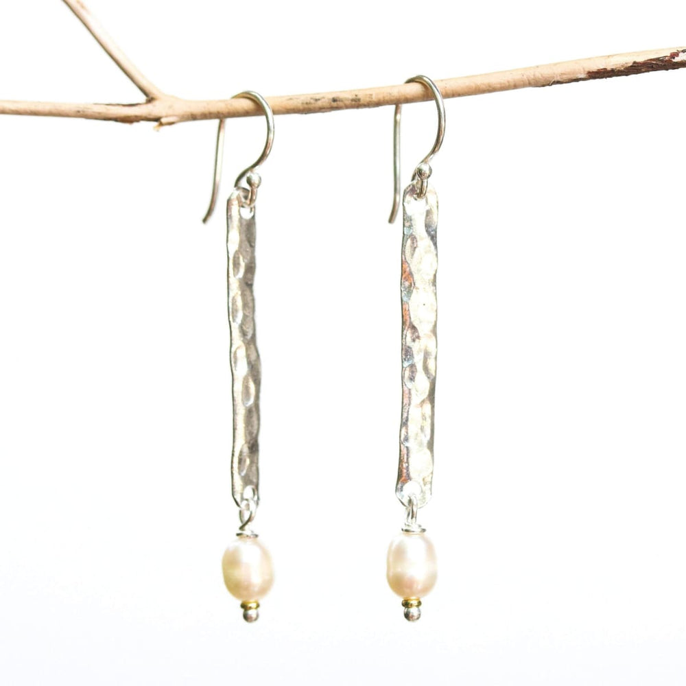 Sterling Silver Bar Earrings With Hammer Textured And White Freshwater Pearls Beads On Hooks Style - By Metal Studio Jewelry