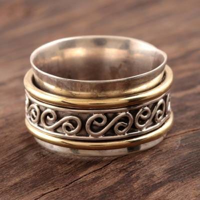 rings Sterling Silver and Brass Spinner Ring Handmade Anxiety Fidget Jewelry Happy Swirls Gift for her - by InishaCreation