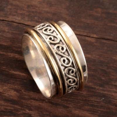 rings Sterling Silver and Brass Spinner Ring Handmade Anxiety Fidget Jewelry Happy Swirls Gift for her - by InishaCreation