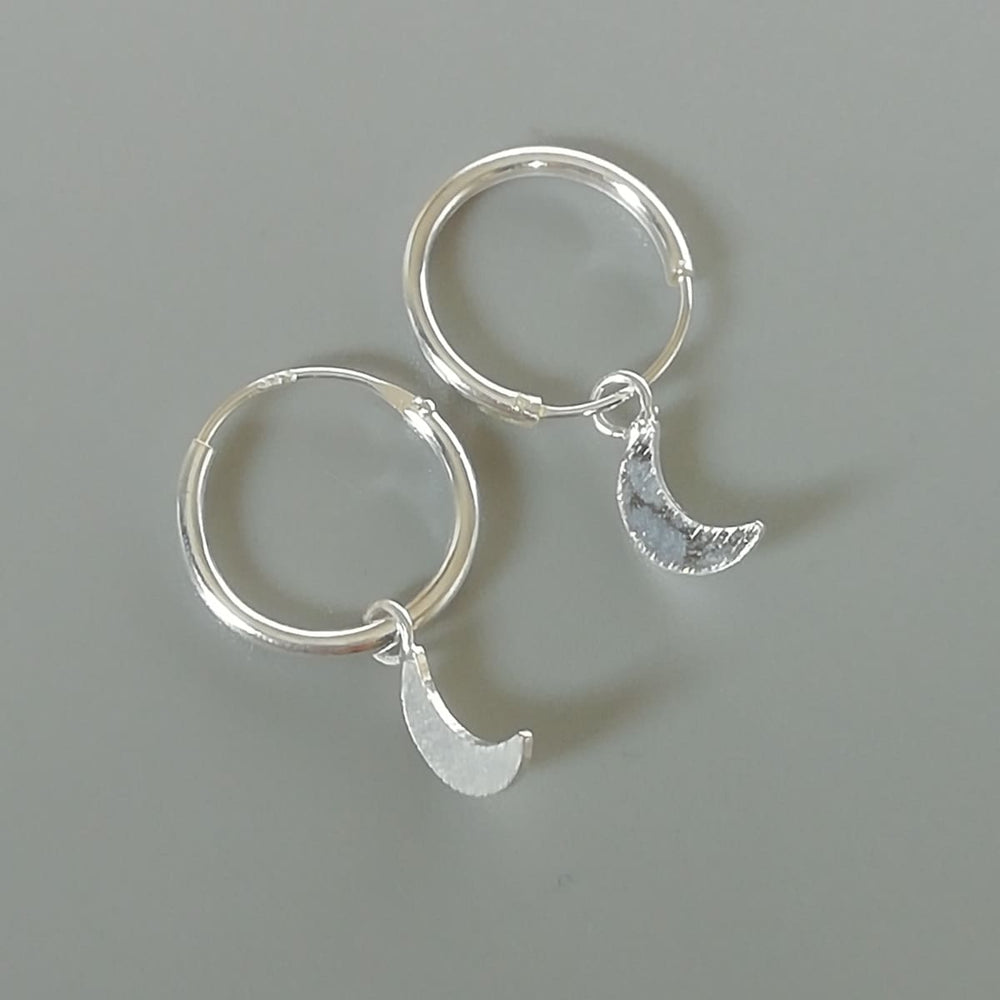 Earrings Sterling silver crescent moon charm hoops | Charm hoop earrings | 12mm ear | Silver | Bohemian jewelry | E343 - by 