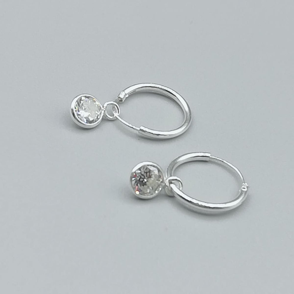 Sterling Silver Cubic Zirconia Charm Hoops | Diamante Earrings | 12mm Ear | Elegant Crystal | Boho | E360 - by Oneyellowbutterfly