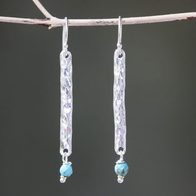 Sterling Silver Bar Earrings With Hammer Textured And Turquoise Beads On Hooks Style - By Metal Studio Jewelry