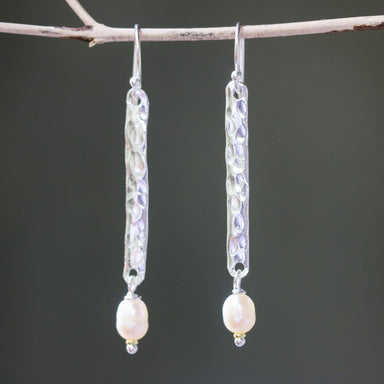 Sterling Silver Bar Earrings With Hammer Textured And White Freshwater Pearls Beads On Hooks Style - By Metal Studio Jewelry