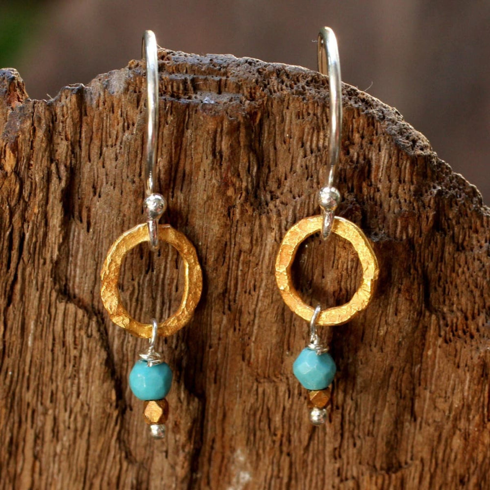 Sterling Silver Earrings With Hand Hammered Brass Hoop And Turquoise Drop - By Metal Studio Jewelry