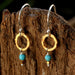 Sterling Silver Earrings With Hand Hammered Brass Hoop And Turquoise Drop - By Metal Studio Jewelry