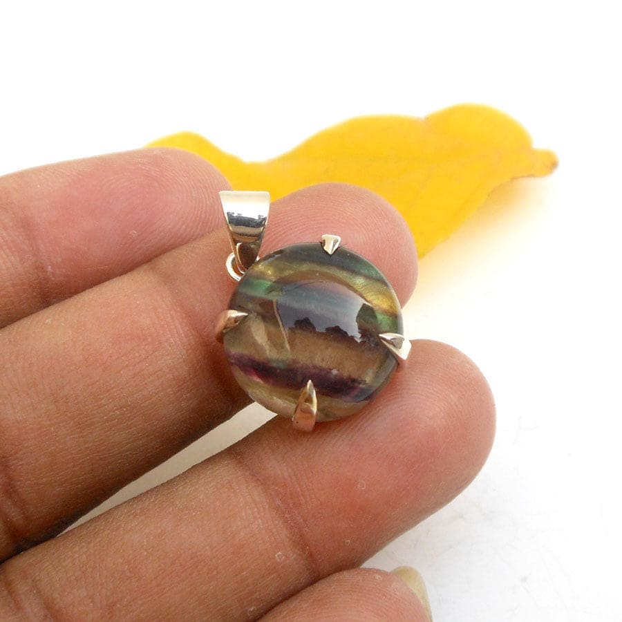 Sterling Silver Multi Fluorite Pendant Gypsy Crystal Rainbow Natural Jewelry Necklace - by Finesilverstudio