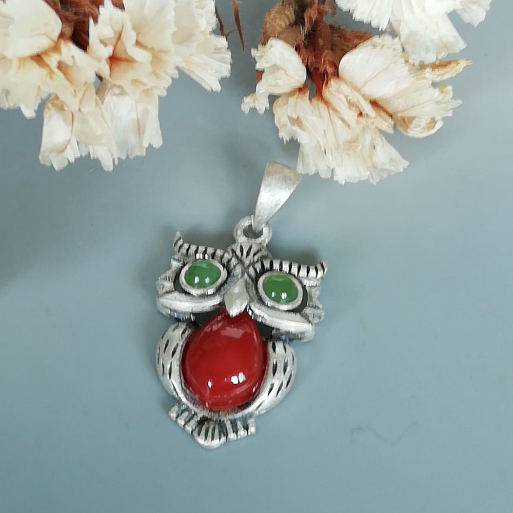 Sterling Silver Owl Charm - Pendant - Red and Green - Bohemian Pendant - Bracelet - Pd793 - by Neverendingsilver