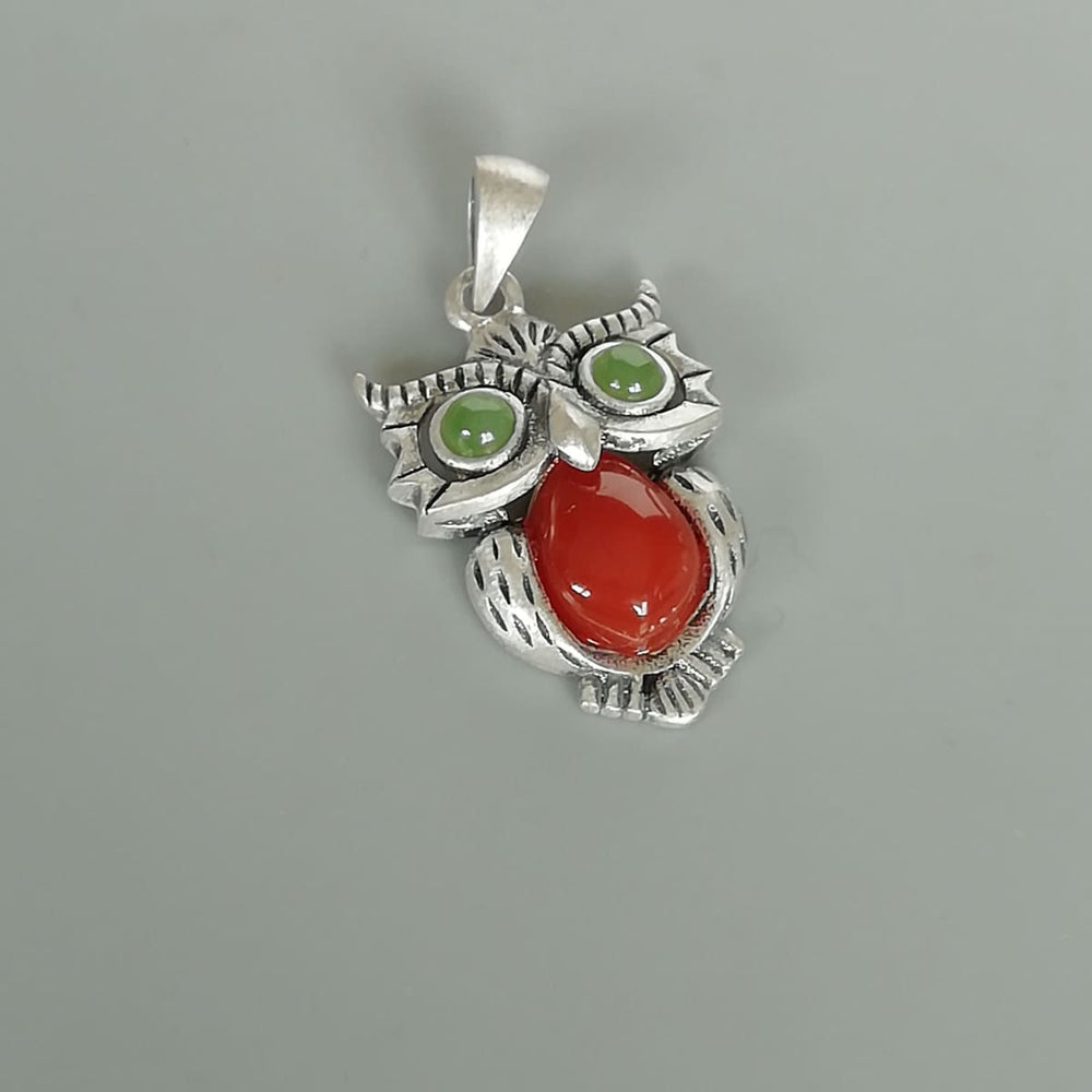 Sterling Silver Owl Charm - Pendant - Red and Green - Bohemian Pendant - Bracelet - Pd793 - by Neverendingsilver