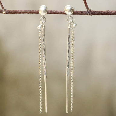 Sterling Silver Post Earrings With Spike Oxidized Engraving And Chain Set - By Metal Studio Jewelry