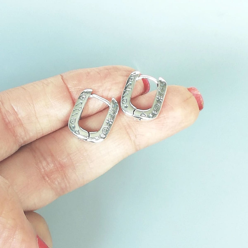 Sterling Silver Rectangle Hoops with Symbols | Engraved | E1051 - by Oneyellowbutterfly