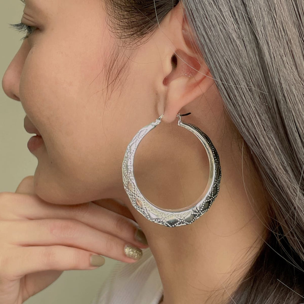 Sterling silver statement hoops | Engraved | Crescent ear | Broad and chunky | E977 - by OneYellowButterfly