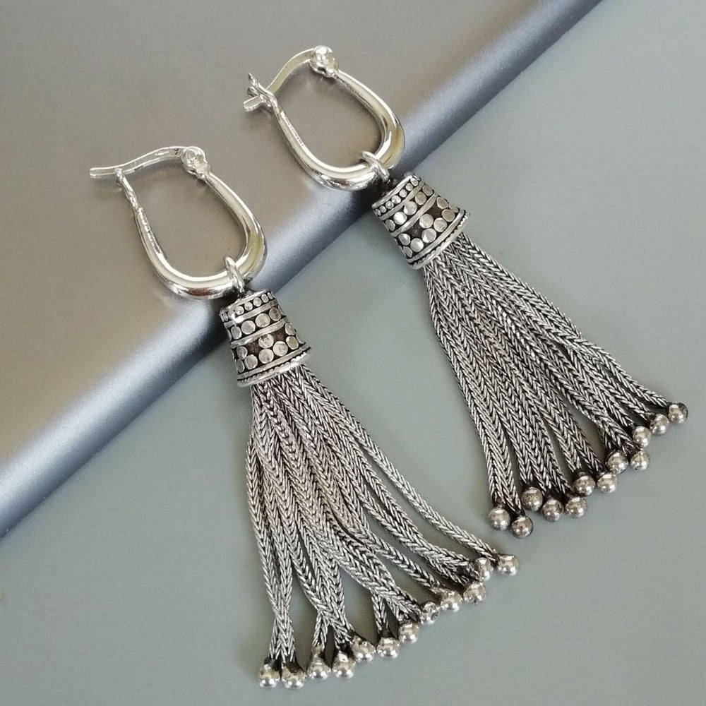 Sterling Silver Tassel Earrings | Oxidized Long Strands Ear Danglers | Pretty Gift Hoops | 925 Silver | E937 - by Oneyellowbutterfly