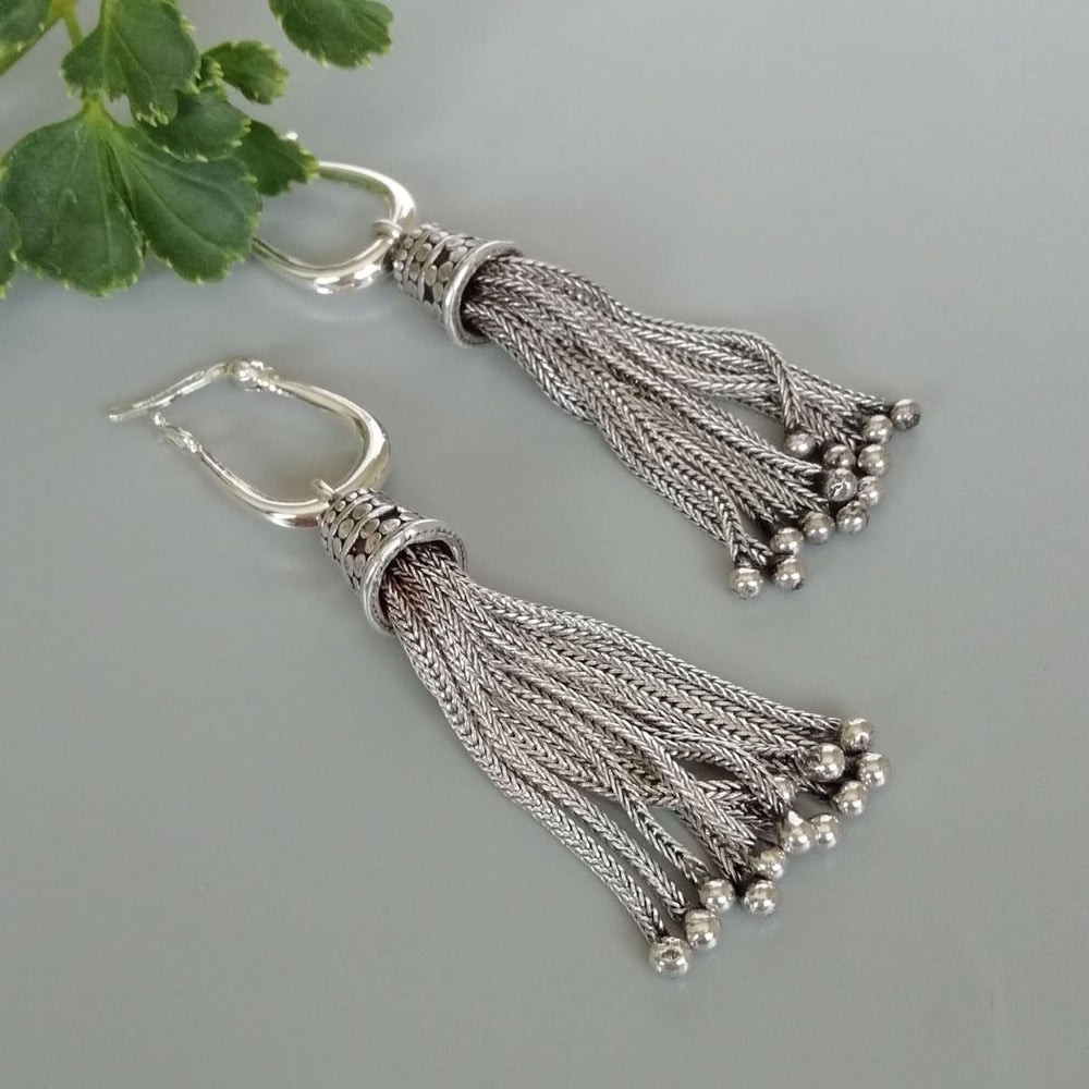 Sterling Silver Tassel Earrings | Oxidized Long Strands Ear Danglers | Pretty Gift Hoops | 925 Silver | E937 - by Oneyellowbutterfly
