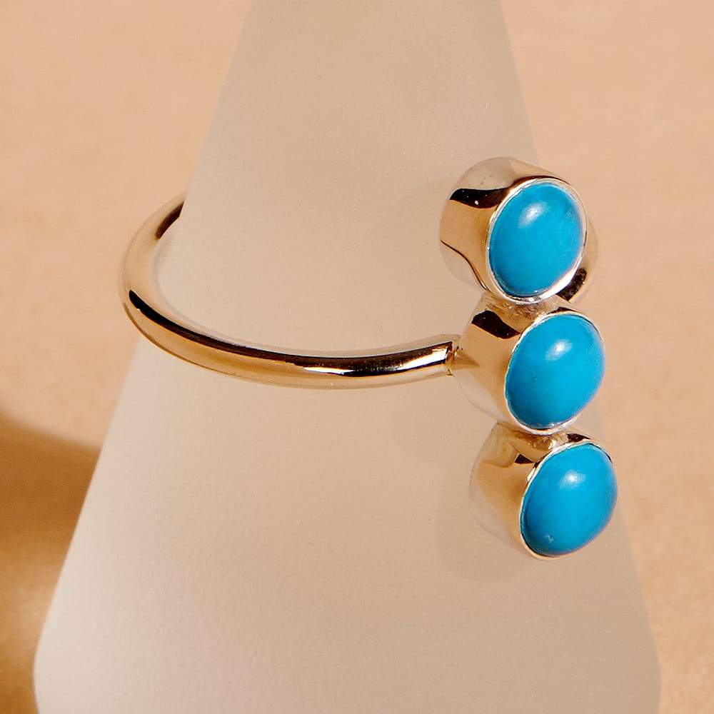 Rings Sterling Silver Three Arizona Turquoise Ring Sleeping Beauty Gemstone Gift for Women Handmade Jewelry Boho Dainty - by 