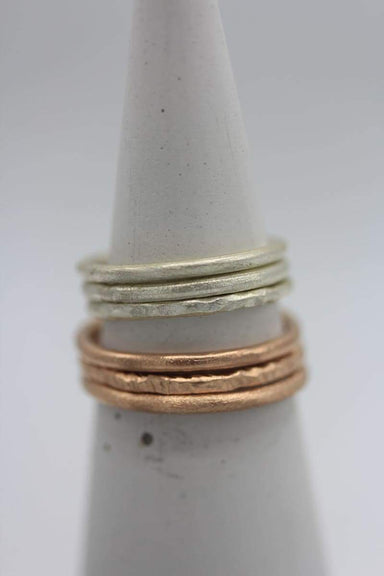 STR7RG Rose gold coated stackable rings with plain and hammered surface - set of 3 - by Silvertales Jewelry