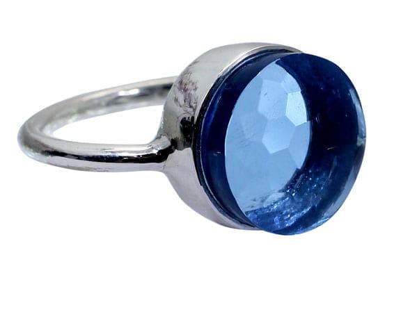 Swiss Blue Topaz Hydro 925 Sterling Silver Handmade Bezel Set Simple Round Shape Ring - by Nehal Jewelry