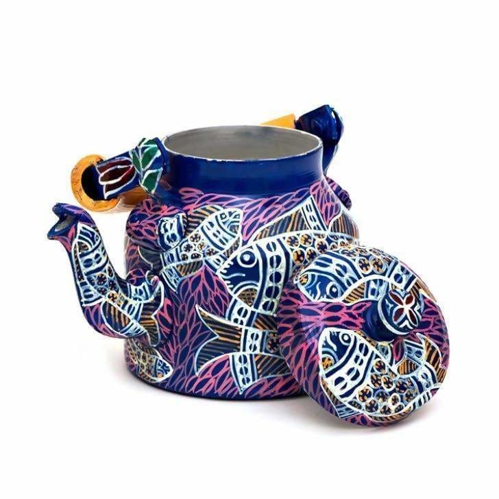 Painted Teapots Hand Blue Fish Design Tea Pot in Aluminium