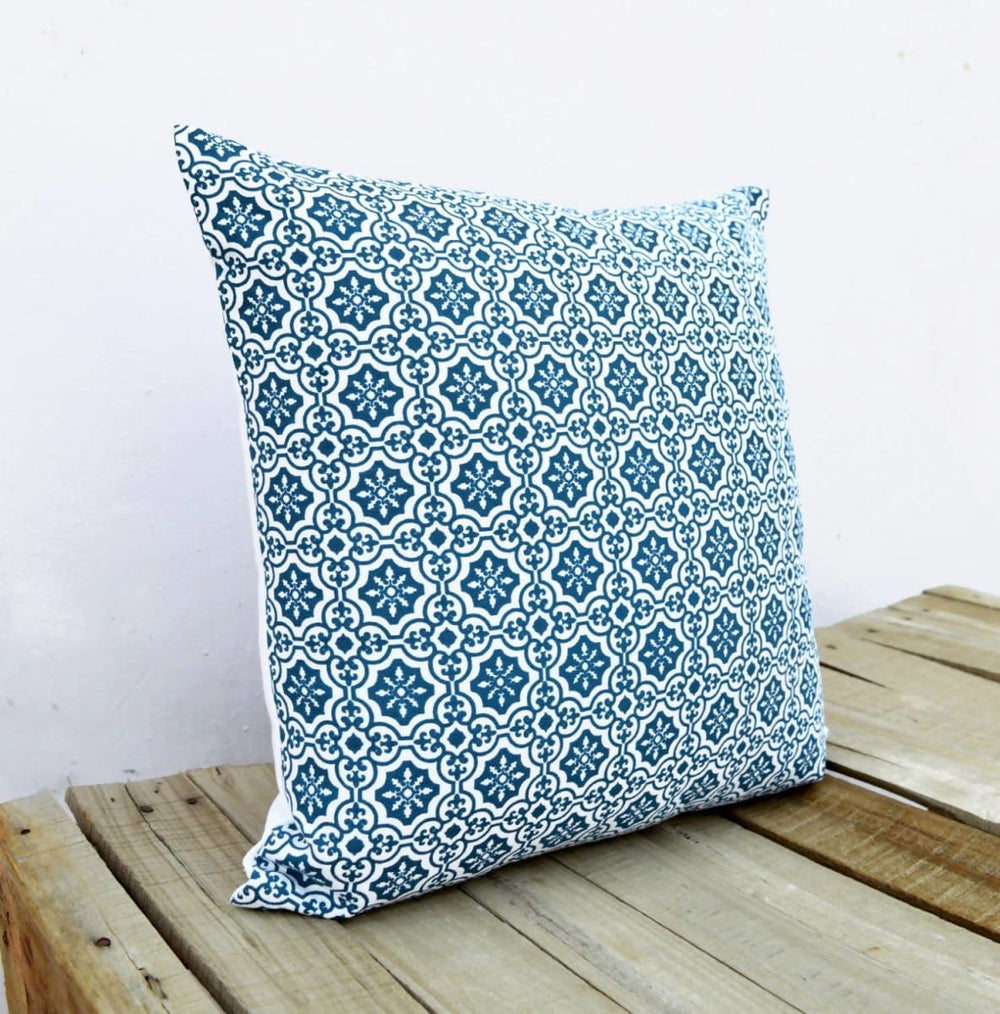 Talavera Tile Print Indigo Pillow Cover Blue Cotton Cushion Size Available. - By Vliving