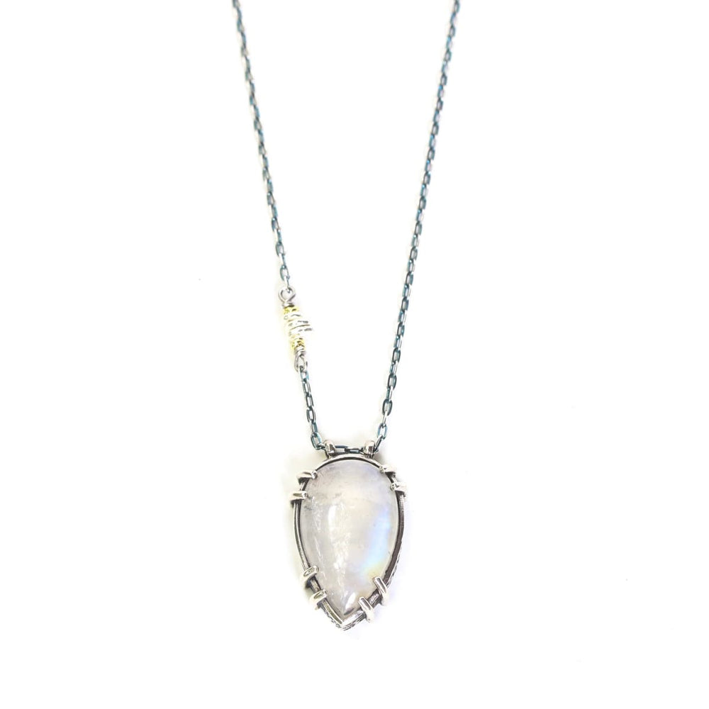 Teardrop moonstone pendant necklace in silver bezel and prongs setting with beads secondary on oxidized sterling chain - by Metal Studio 