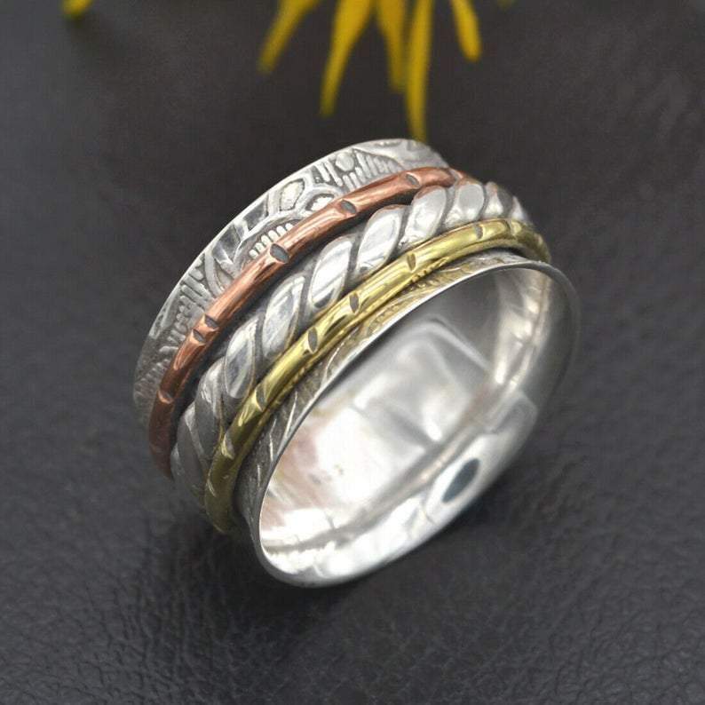Rings Textured meditation ring three tone spinner silver spinning 925 sterling statement fidget Silver jewelry