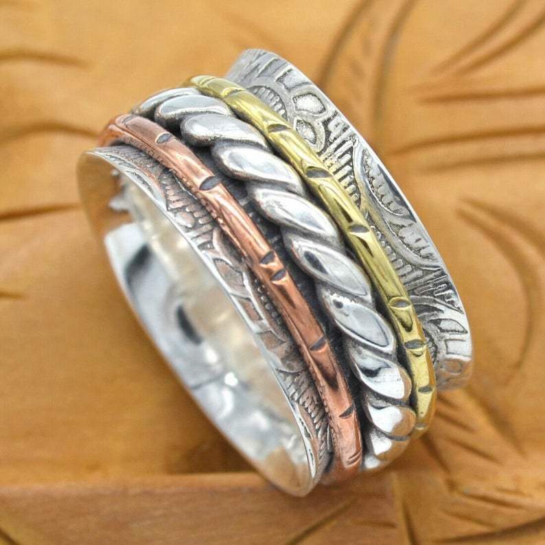 Rings Textured meditation ring three tone spinner silver spinning 925 sterling statement fidget Silver jewelry