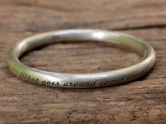 Bracelets Textured Silver Bangle with Text- Handcrafted