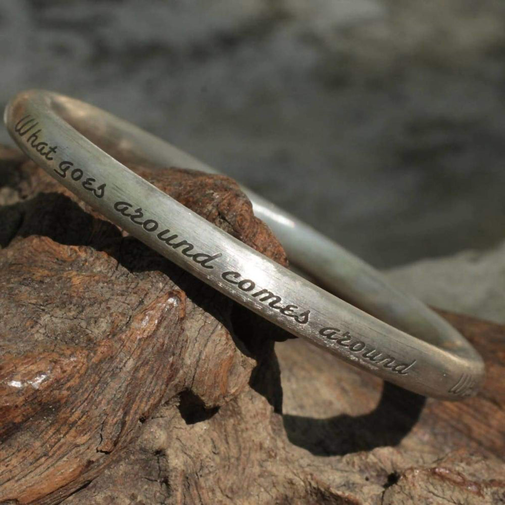 Bracelets Textured Silver Bangle with Text- Handcrafted