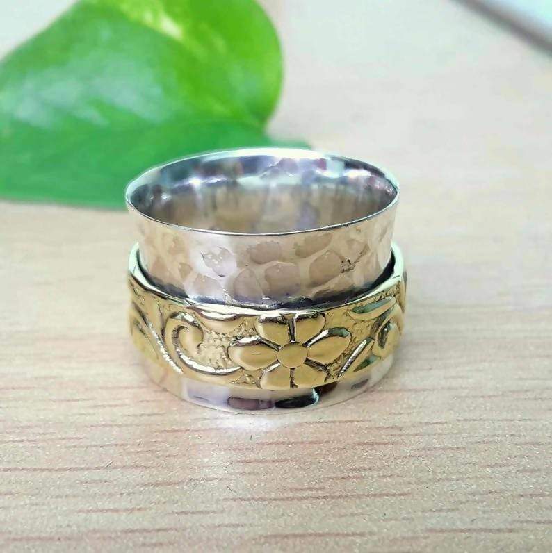 Rings Textured spinner ring Finger & thumb 925 sterling silver spinning meditation Gold color jewelry