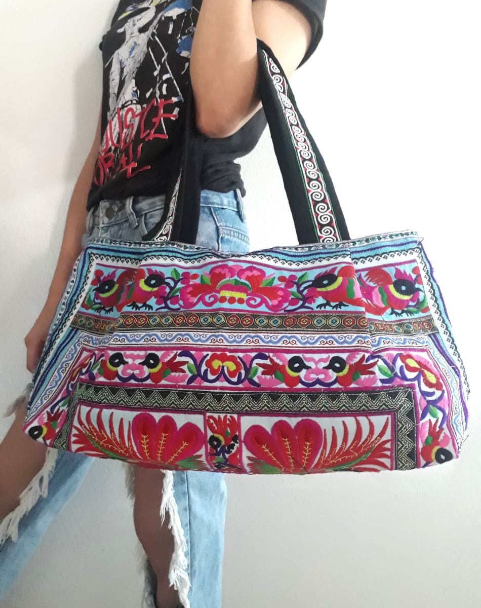Thai Embroidered Shoulder Tote Shoppers Bag - by lannathaicreations
