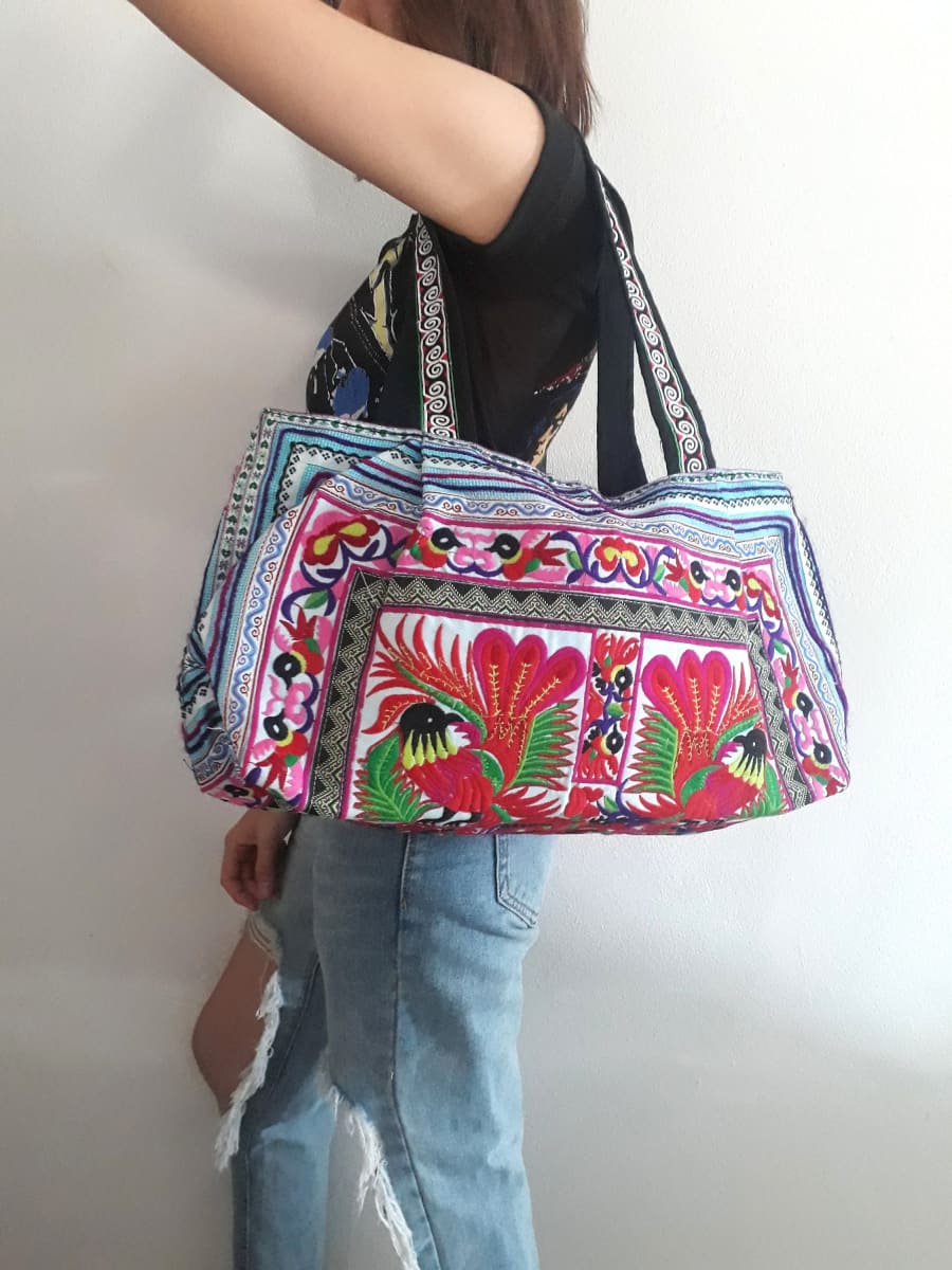 Thai Embroidered Shoulder Tote Shoppers Bag - by lannathaicreations