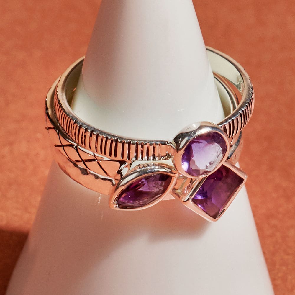 Three Multi-shaped Stackable Purple Amethyst Silver Rings - By Maya Studio