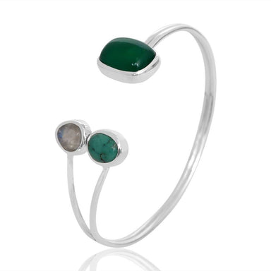 Bracelets Three Stone 925 Silver Cuff Bangle Handmade Solid Adjustable for Men and Women Green Onyx Moonstone - by Rajtarang