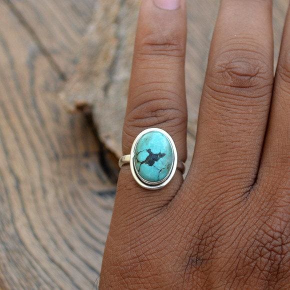 Rings Tibetan Turquoise Ring 925 Sterling Silver Green Gemstone