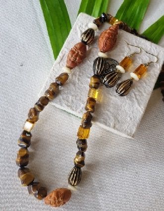 Tiger’s Eye Glass And Carved Wood Heads Necklace Earring Set - By Warm Heart Worldwide