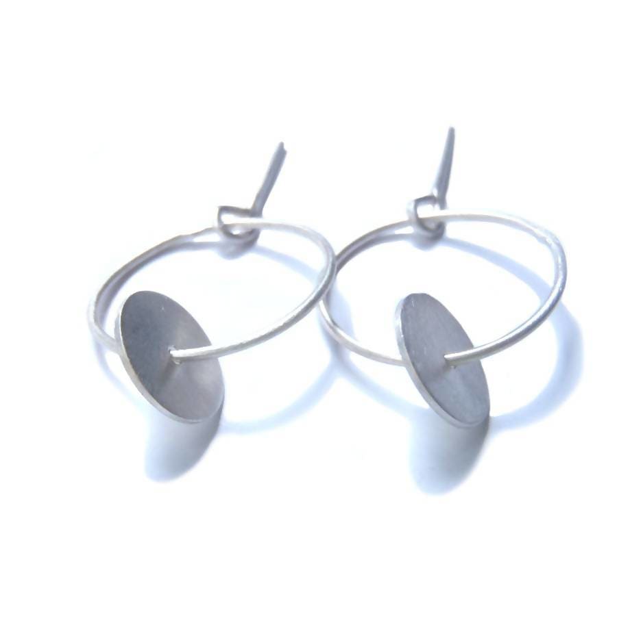 Earrings Tiny disc stud dangle earrings minimal design in brushed or blacked sterling - by dikua