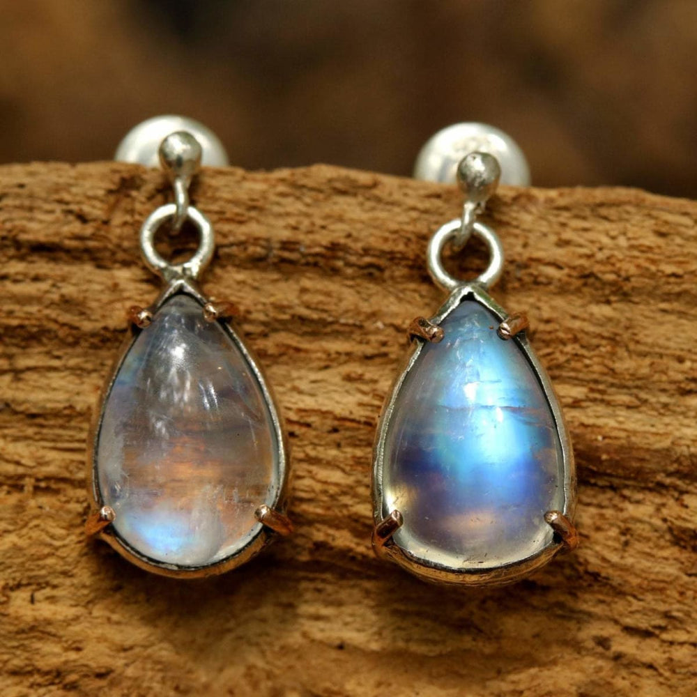 Tiny Moonstone teardrop cabochon earrings in silver bezel and rose gold prong with sterling post style - by Metal Studio Jewelry