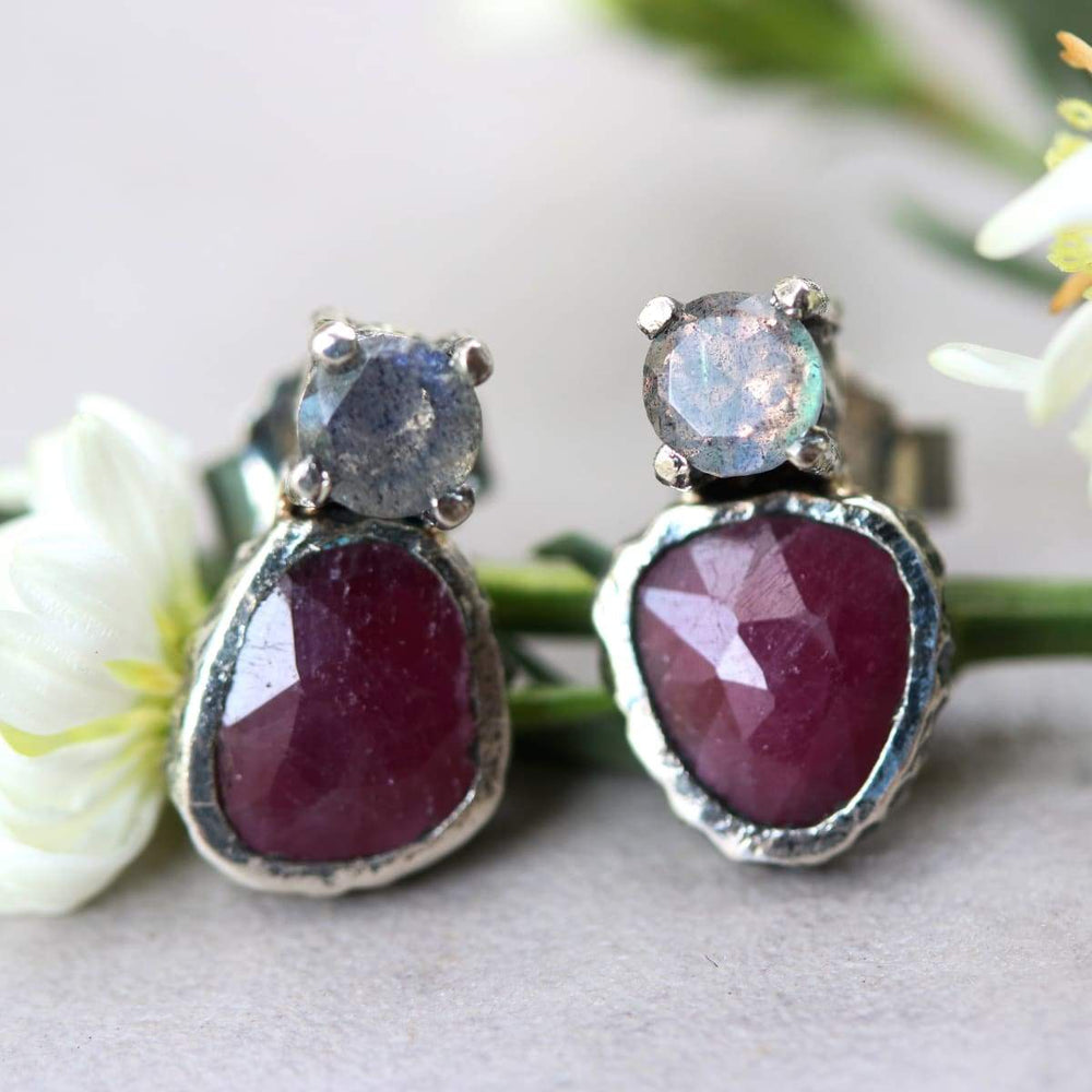 Ruby and tiny round feacted labradorite stud earrings in silver bezel prongs setting with sterling post backing - by Metal Studio Jewelry