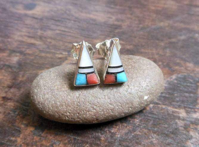 Earrings Tiny Unique Multi Color Silver Triangle Stud With Four Stones,Geometric Earring,Pierced Earrings,Personalized Gifts,Gifts For Her