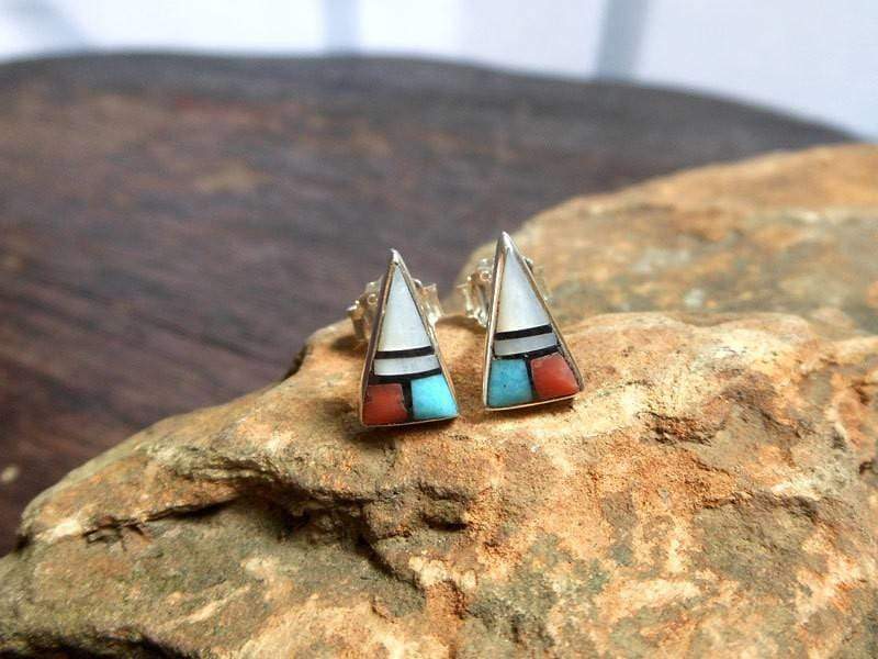 Earrings Tiny Unique Multi Color Silver Triangle Stud With Four Stones,Geometric Earring,Pierced Earrings,Personalized Gifts,Gifts For Her