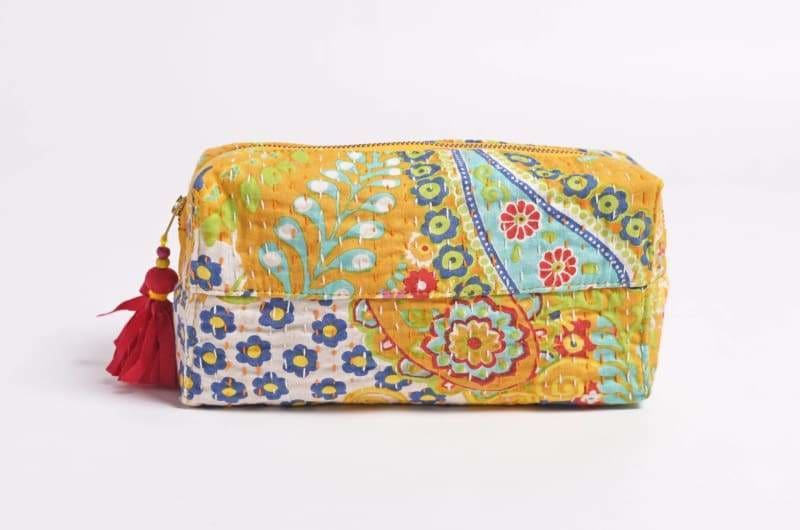Yellow Kantha Print Utility Pouch in Cotton - Bags