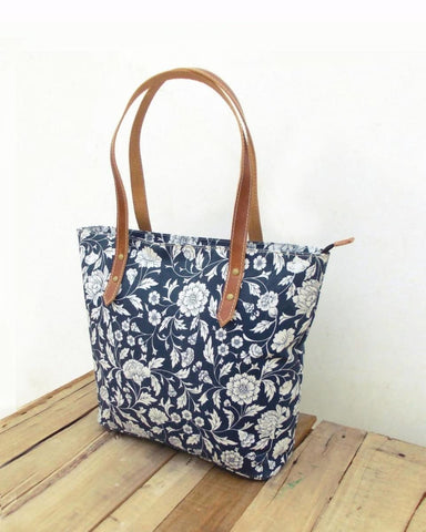 Tote Bag Laminated Cotton Indigo Floral Print Kalamkari Folk Leather Trims Zip Closure Everyday Bag. - By Vliving