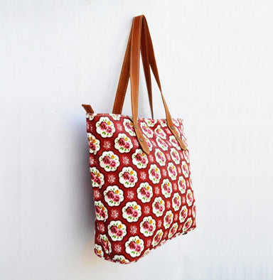 Red Tote Bag Laminated Cotton Shabby Chic Matt Finish Leather Trims Zip Closure Everyday Bag. - By Vliving