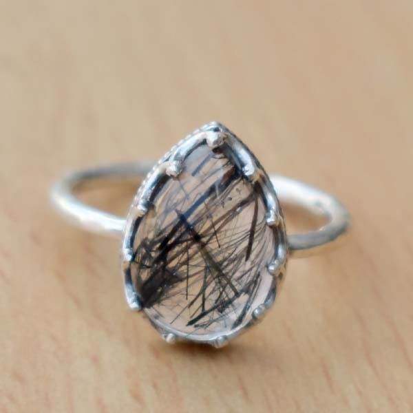Rings Tourmalinated Quartz Ring Solid 925 Sterling Silver Ring,September Birthstone Jewelry,Black Rutilated quartz,Grown