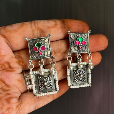 Traditional 925 Sterling Antique Silver Earring with Multi Stone Beautifully Handmade Jewellery for Men and Women - by Vidita Jewels