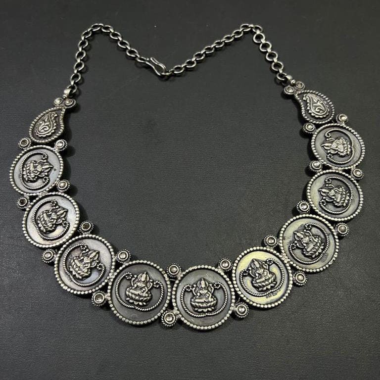 Traditional 925antique Silver Goddess Laxmi Beautifully Designed Heavy Necklace Handmade Jewelry for Woman - by Vidita Jewels