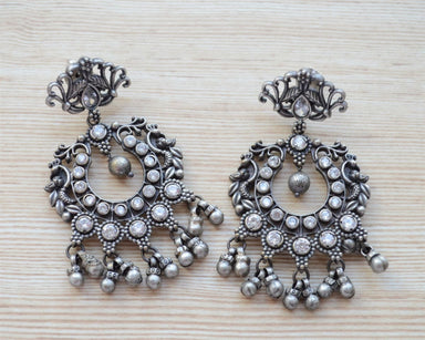 earrings Traditional Indian Silver Plated Chandbali Jhumka Earrings Long Chandelier Jhumki - by Pretty Ponytails