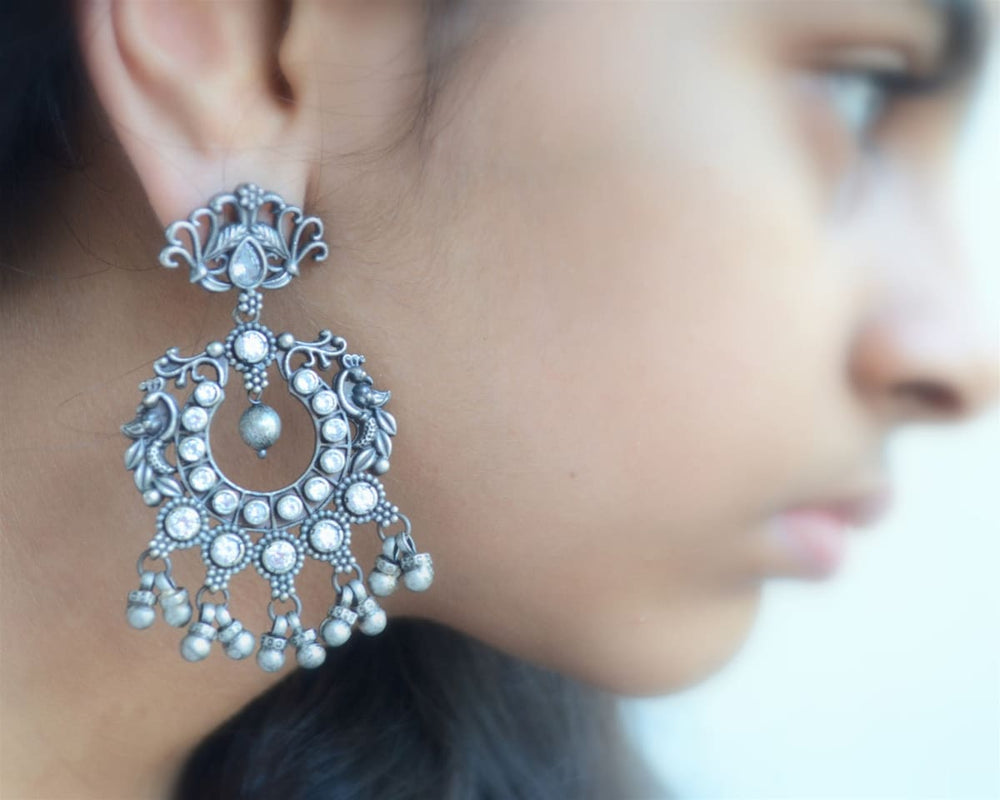 earrings Traditional Indian Silver Plated Chandbali Jhumka Earrings Long Chandelier Jhumki - by Pretty Ponytails